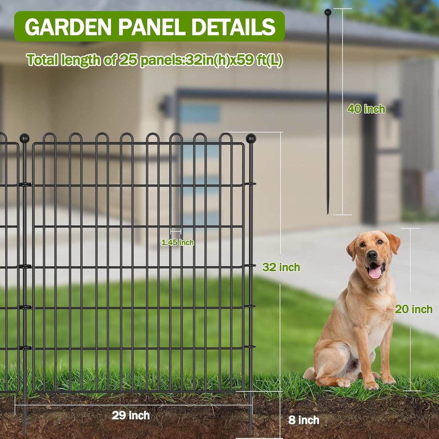 25 Panels No Dig Decorative Garden Fence with Gate for Yard, 32 in(H) X 59 ft(L) Animal Barrier Fencing for Outdoor Dog, Metal Portable Garden Fences for Borders, Pets, Landscape, Temporary Fence