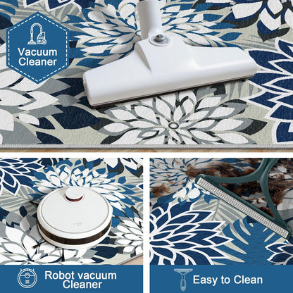 Area Rug 2x6 Blue White Washable Entry Rug Multicolored Tropical Botanical Modern Floral Indoor Kitchen Door Mat Entrance Carpet Non Slip for Bedroom Living Room, Porch