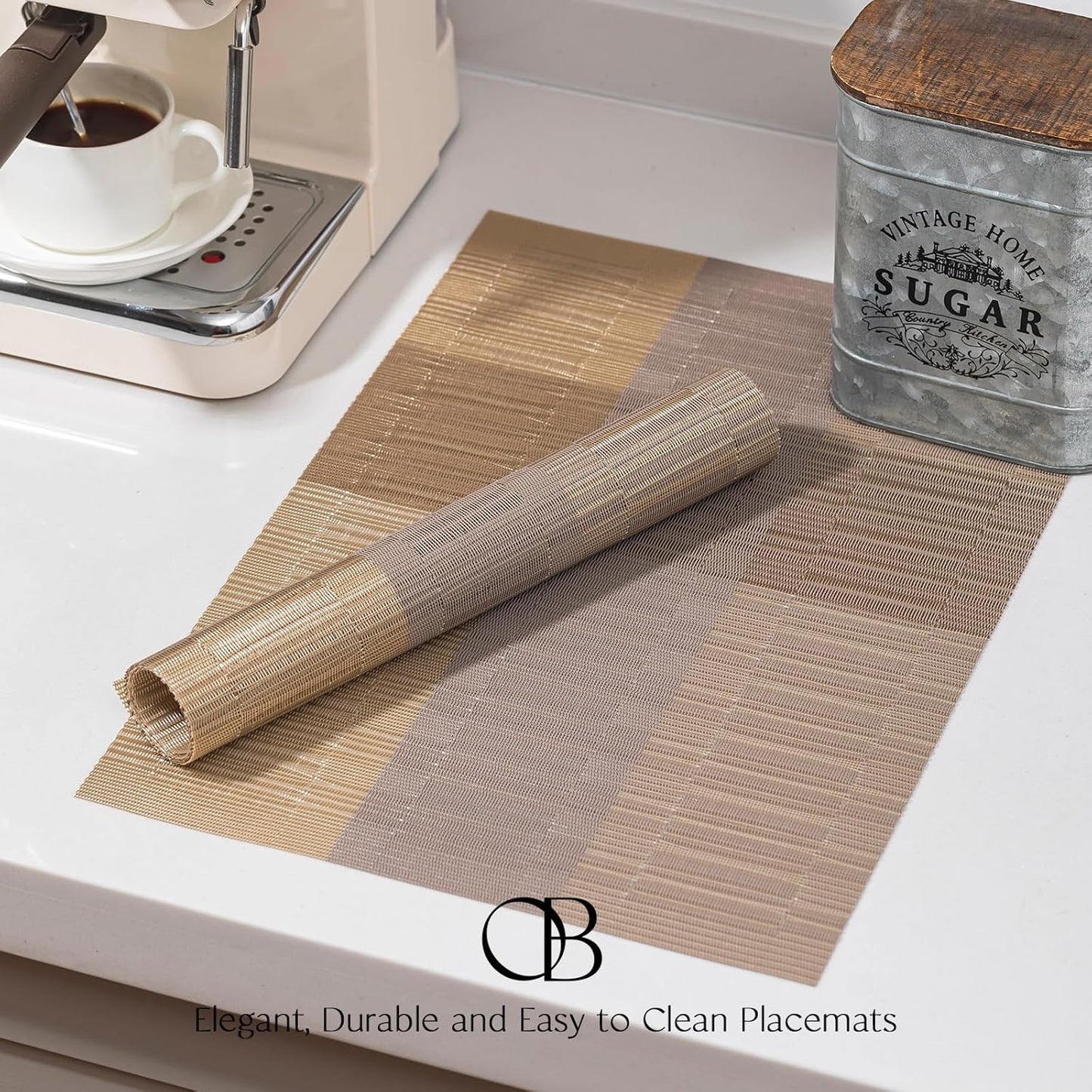 Placemats Set of 8 - Easy Clean Woven Vinyl Placemats for Dining Table, Indoor/Outdoor Place Mats, Washable PVC Table Mats （Gold Dune）