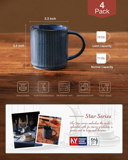 famiware Coffee Mug Set for 4, Star 12 oz Catering Mugs Cup Set with Handle for Coffee, Tea, Cocoa, Milk - Ceramic Stoneware Drinkware Set, Nebulas Blue