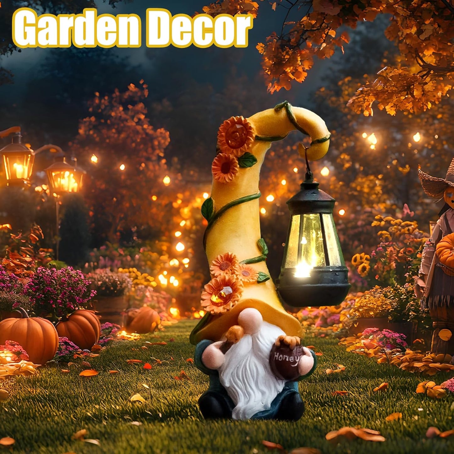 Fall Decorations for Home Porch 12" Solar Fall Gnome Sunflower Garden Statues Honey Bee Jar Decor with LED Lantern Outdoor Gnomes Decorations Patio Yard Balcony Art Birthday Gifts for Mom Grandma