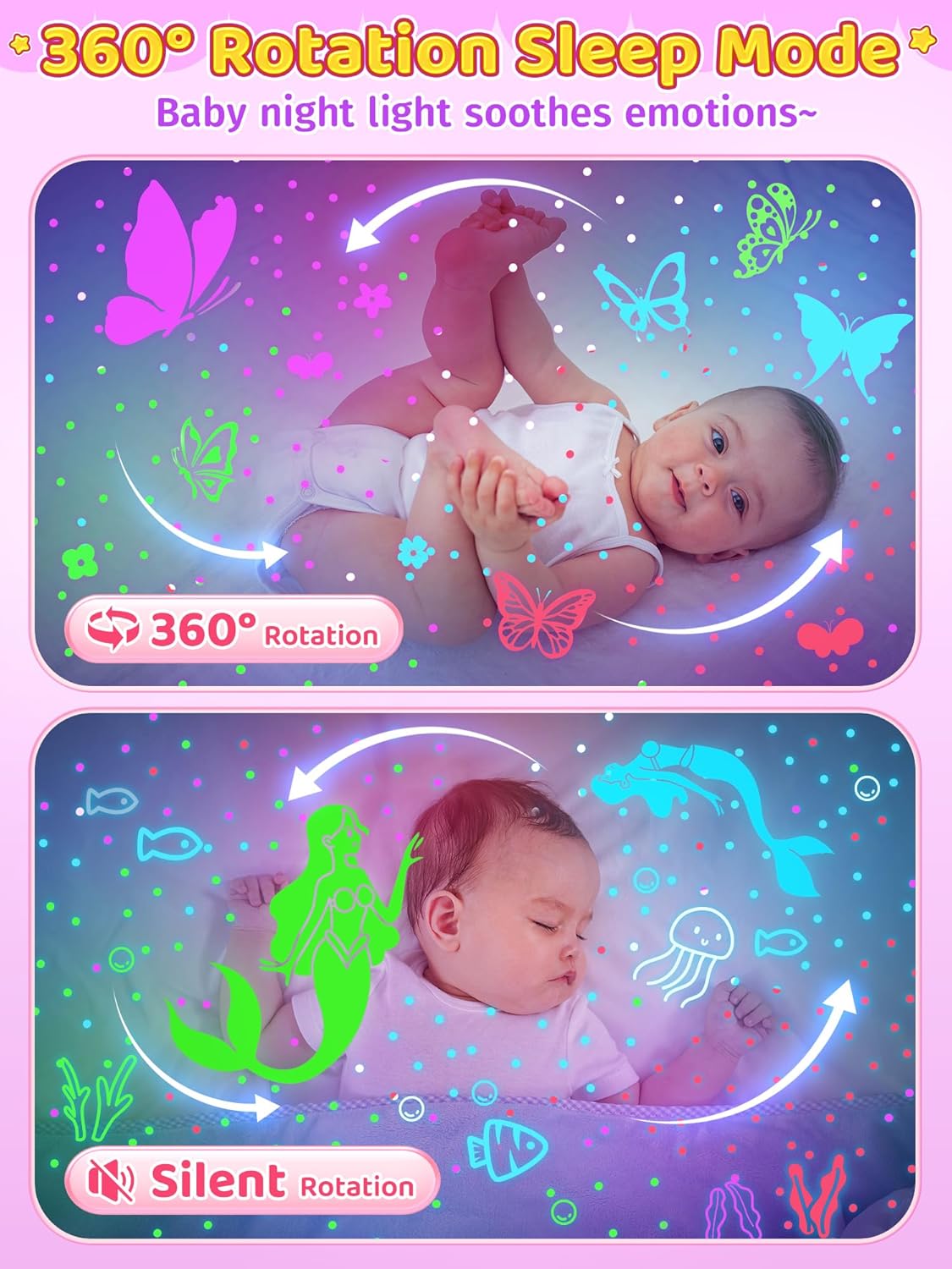 PIKOY Unicorn Room Decor for Girls Bedroom, 96 Lights+6 Films Unicorn Night Light for Girls Room Decor, Princess+Mermaid+Butterfly Lamp, 360° Rotation+Cordless 3-6 Year Old Girl Birthday Gift Ideas