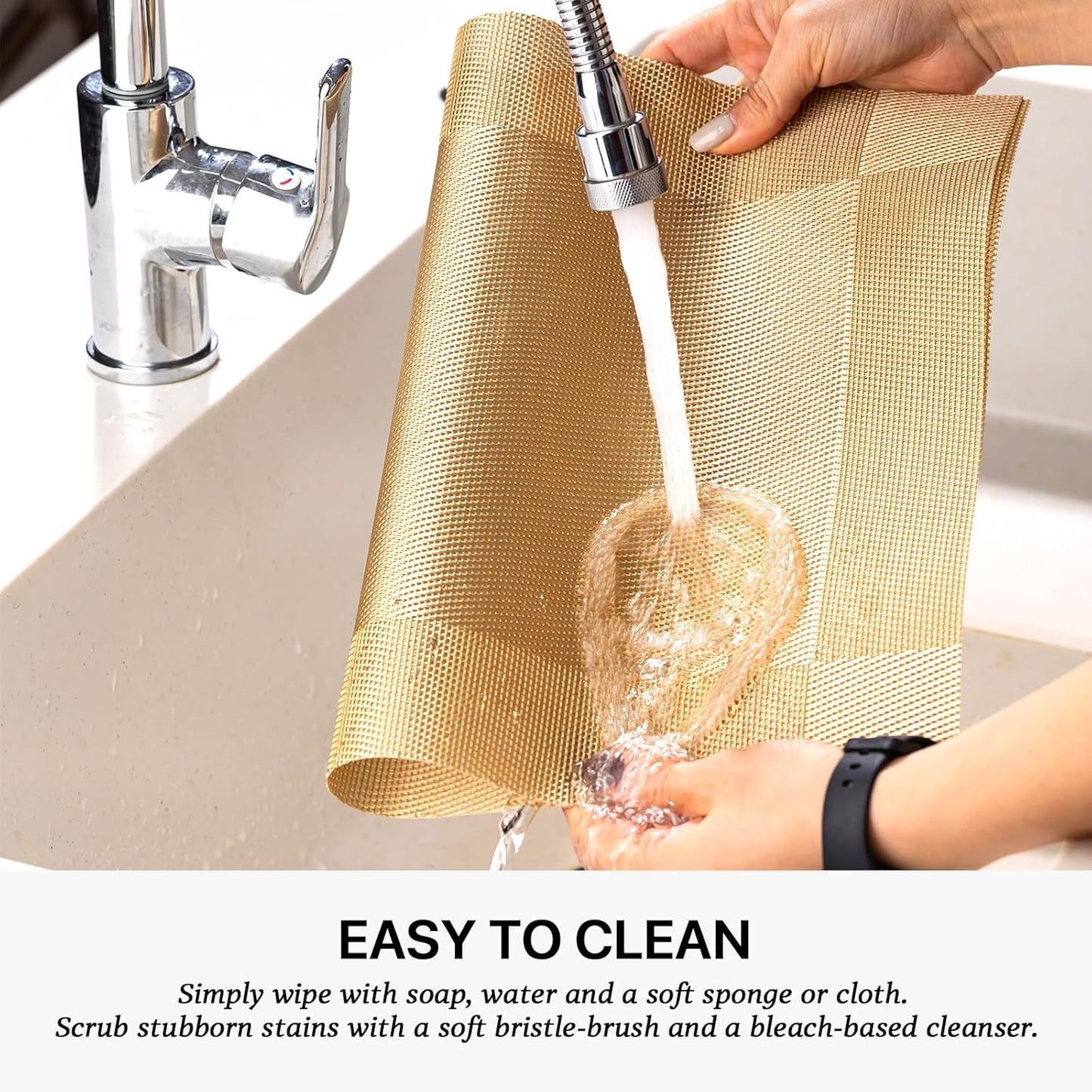 LEXMORE Placemats Set of 12 Vinyl/Plastic Woven Place Mats for Kitchen Table Indoor/Outdoor Washable Placemat Wipeable Dining Table Mats(G-Gold Cube)