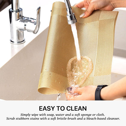 LEXMORE Placemats Set of 12 Vinyl/Plastic Woven Place Mats for Kitchen Table Indoor/Outdoor Washable Placemat Wipeable Dining Table Mats(G-Gold Cube)