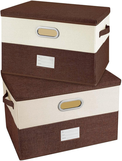 Large Linen Fabric Foldable Storage Bins with Removable Lid and Handles, Washable Storage Box Organizer Containers Baskets Cube with Cover for Bedroom,Office (Coffee&Cream, Large(2-Pack))