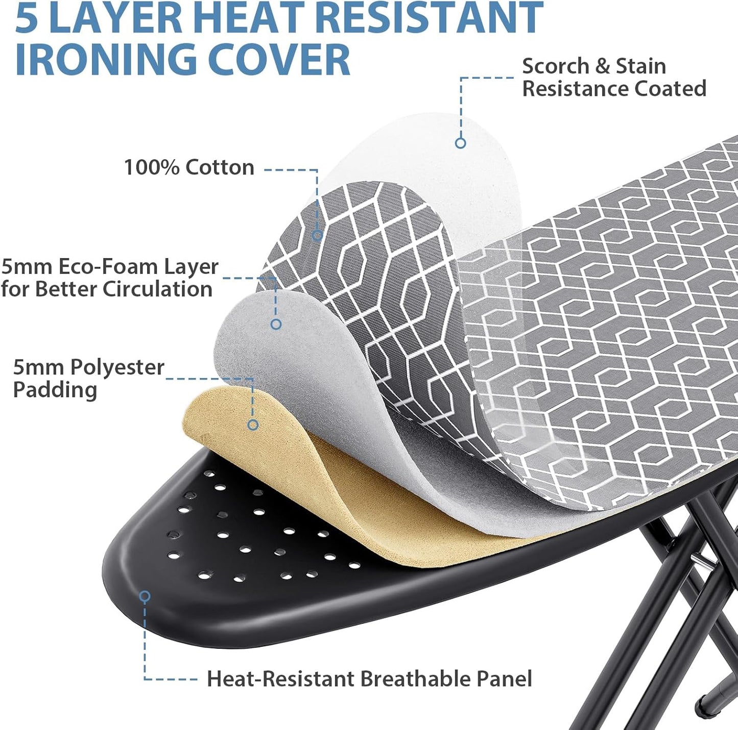 KINGBOARD Ironing Board, Foldable Iron Board with Iron Rest, Compact Ironing Board with Height Adjustable, Extra Thick Heat-Resistant Cover, Heavy-Duty Sturdy Metal Legs, 43x13 Grey