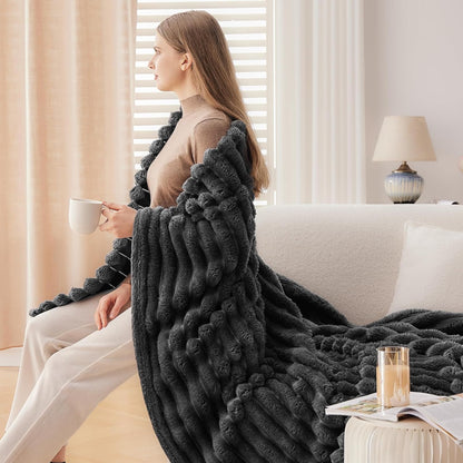 NEWCOSPLAY Super Soft Throw Blanket Grey Premium Silky Flannel Fleece 3D Ribbed Jacquard Lightweight Bed Blanket All Season Use (Grey Ribbed, Throw(50"x60"))