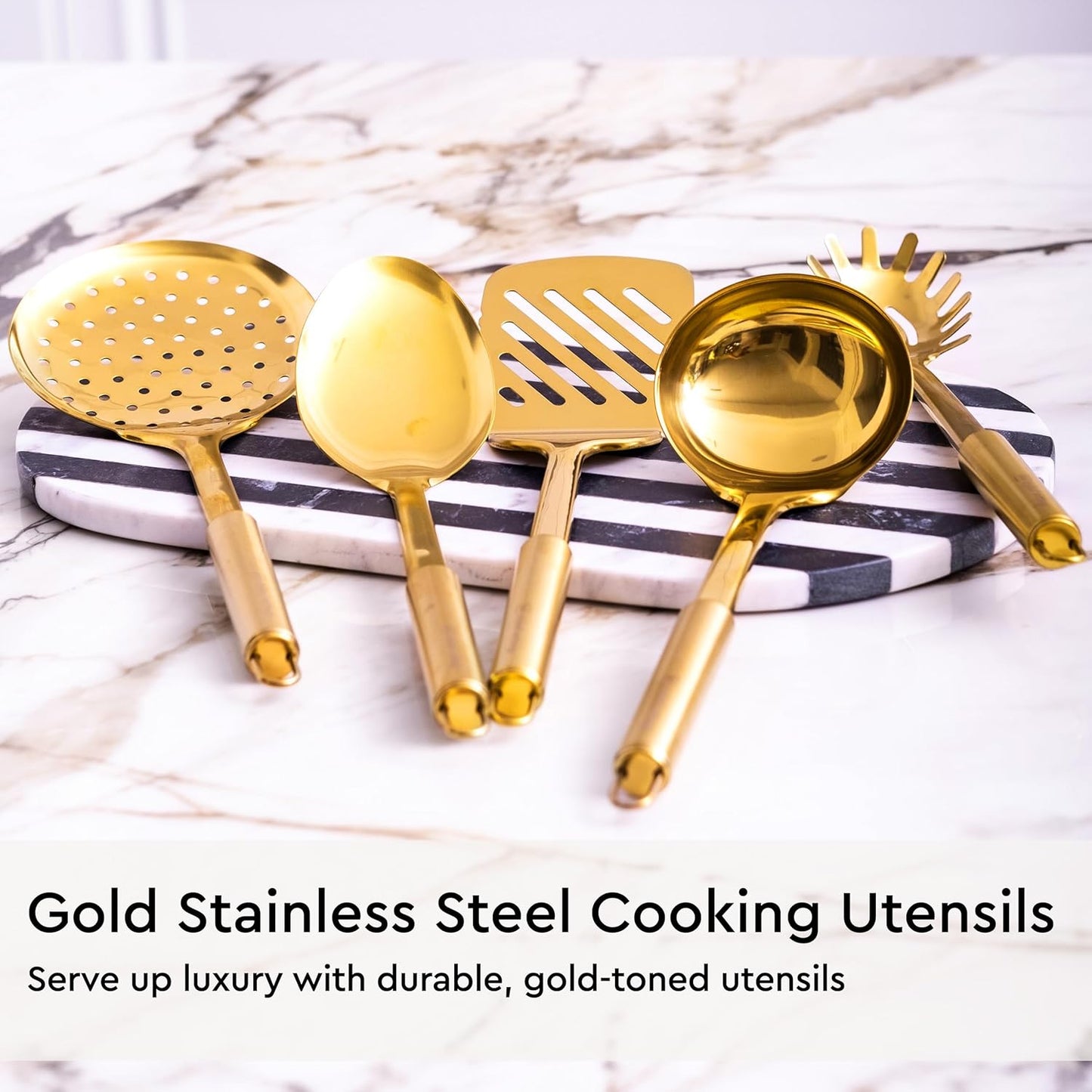 Gold Kitchen Utensils Set - 19-Piece Set Includes Stainless Steel Gold Utensils, White Silicone Tools, and Measuring Cups and Spoons - Luxury Kitchen Accessories for Modern Cooking, Serving, & Gifting