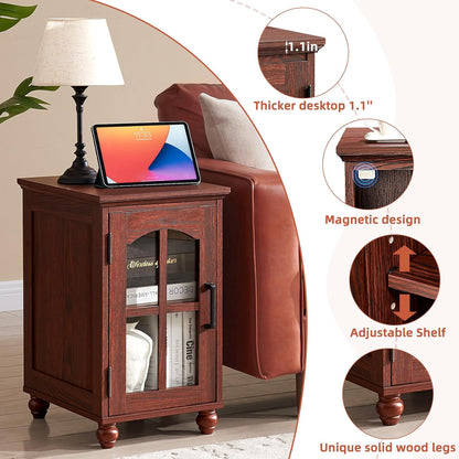 Narrow Side Table Set of 2,Farmhouse Nightstand with Charging Station,End Table with Glass Barn Door Storage, Cabinet Organizer with Adjustable Shelf, Night Stand for Small Spaces Living Room Bedroom