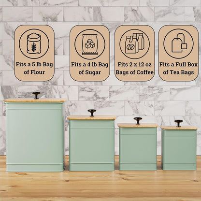 Kitchen Canisters for Countertop Set of 4 with Customizable Chalkboard Labels & Marker Pen - Big Iron Kitchen Canisters with Airtight Lids - Sage Green Canister Set - Flour and Sugar Containers