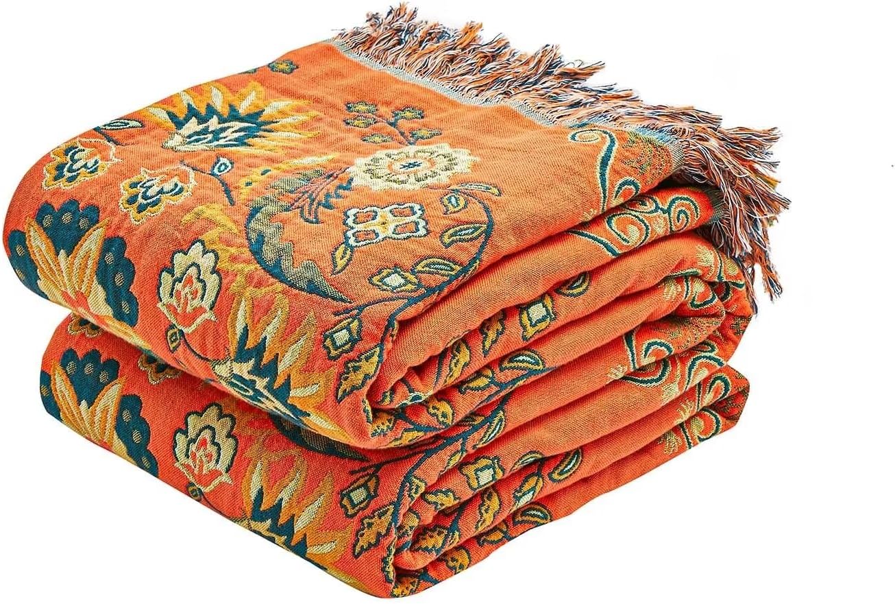 Boho Throw Blanket, 100% Cotton Ultra Soft Luxury Throw Rustic Quilt, 80"x90" Floral Printed Farmhouse Decor Bed Summer Blankets, All Season Rustic Reversible Bohemian Throw for Bed - Orange