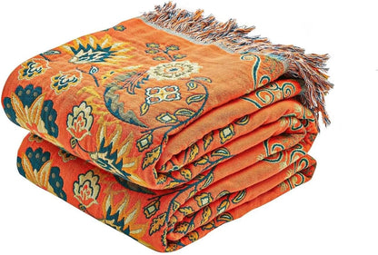 Boho Throw Blanket, 100% Cotton Ultra Soft Luxury Throw Rustic Quilt, 80"x90" Floral Printed Farmhouse Decor Bed Summer Blankets, All Season Rustic Reversible Bohemian Throw for Bed - Orange