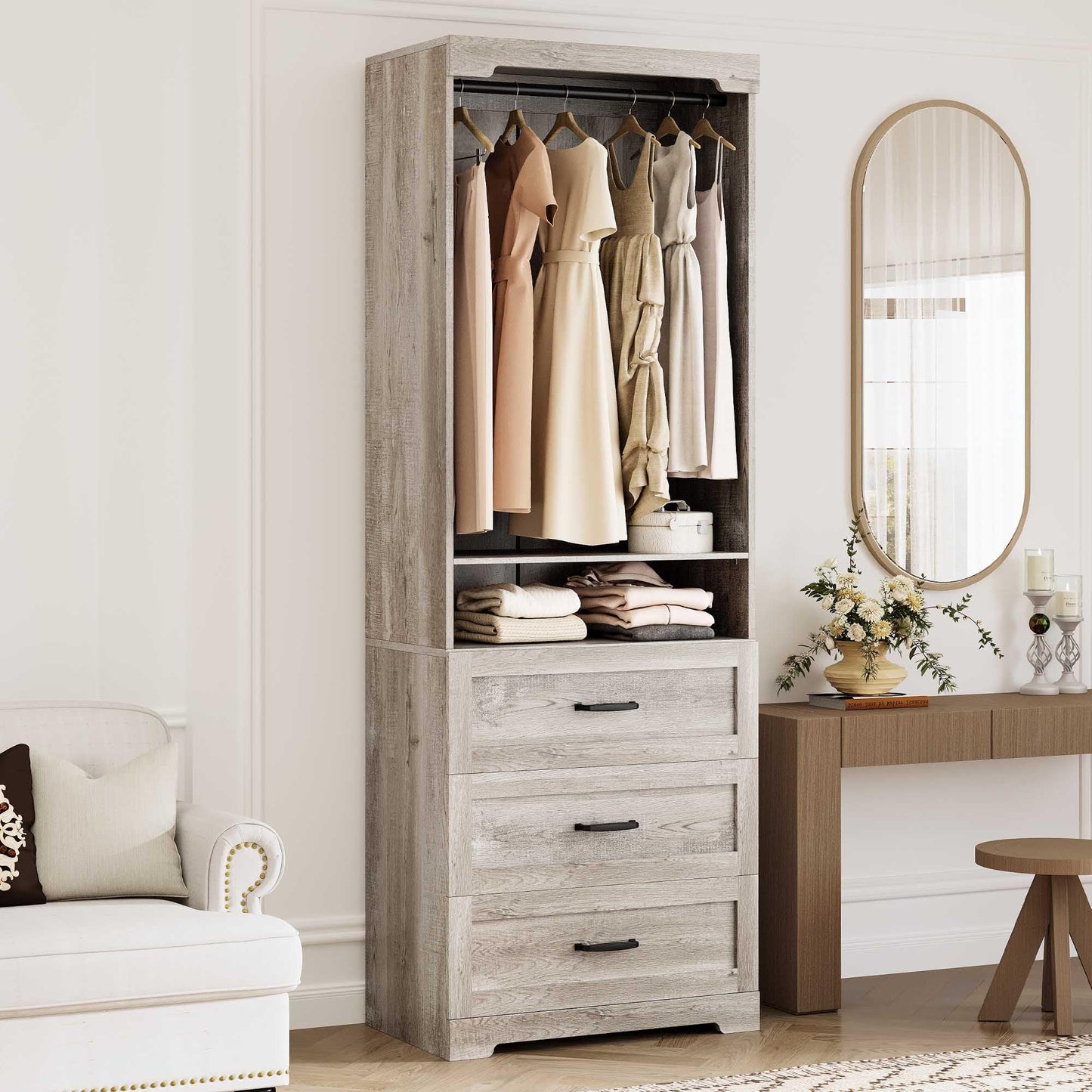 IRONCK Freestanding Closet System with Adjustable Shelves & 3 Drawers