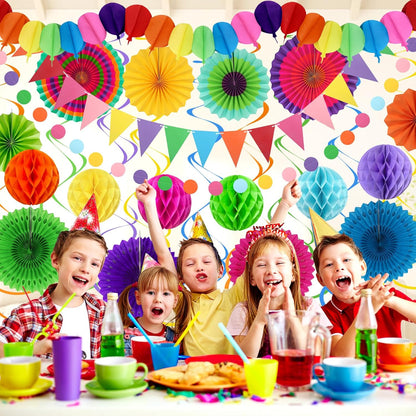 Fiesta Party Decorations - Easy to Assemble Multicolored Paper Fan Honeycomb Ball Garland Hanging Swirl for Mexican Party Cinco De Mayo Taco Themed Party Decorations Birthday Rainbow Parties