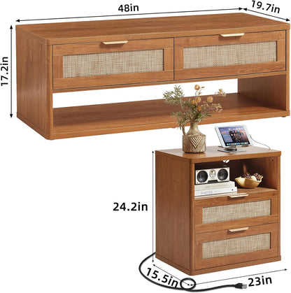 LEYAOYAO Boho Rattan Coffee Table and End Table Sets, 48" Wide Center Tables & 23" Night Stand with Charging Station Chest of Drawers, Brown Wood Coffee Table for Living Room 3 Piece Set
