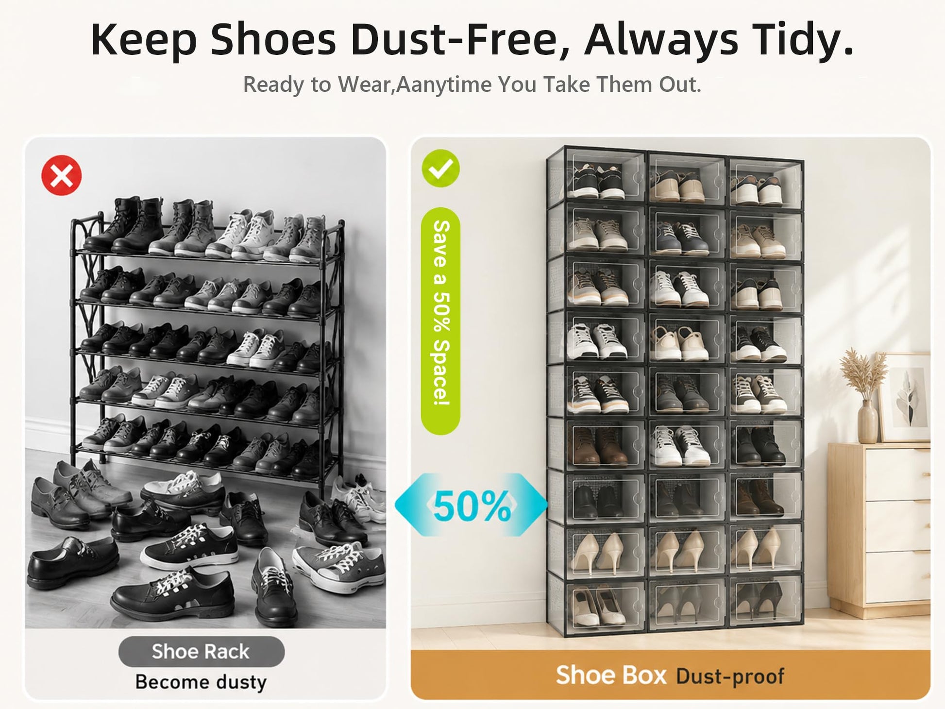 Kuject X-Large Shoe Storage Boxes 12 Pack, Clear Stackable Shoe Organizer