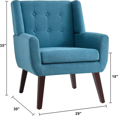 HUIMO Button-Tufted Accent Chairs,Upholstered Reading Living Room Chair,Mid Century Modern Chair with Linen Fabric, Club Chair,Comfy Arm Chairs for Living Room,Bedroom Lake Blue