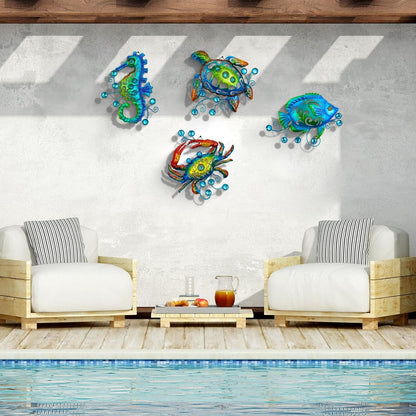 Metal Ocean Beach Theme Wall Decor Art, Set of 4 Sea Turtle Seahorse Crab Tropical Fish Indoor Bathroom Décor, 11 Inch Deep Blue Sea Wall Christmas Decoration, Metal Outdoor Yard Art Decorations