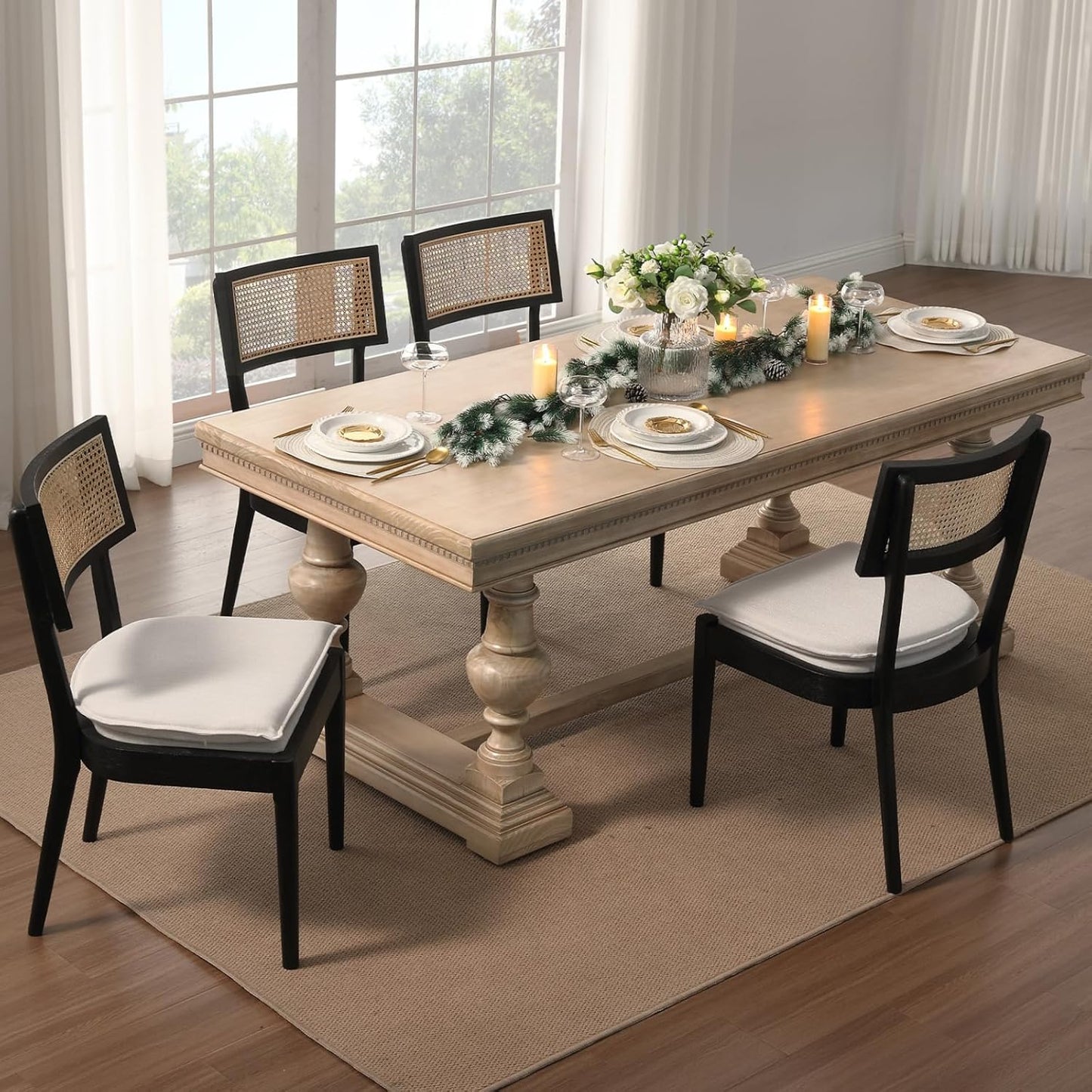 Rattan Dining Chairs Set Of 4 , Mid Century Modern Black Wooden Cane Back Chairs with Removable Linen Cushion , Retro Farmhouse Upholstered Kitchen & Dining Room Chairs for Restaurant Living Room