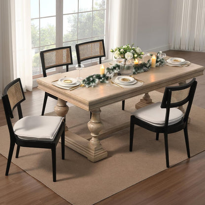 Rattan Dining Chairs Set Of 4 , Mid Century Modern Black Wooden Cane Back Chairs with Removable Linen Cushion , Retro Farmhouse Upholstered Kitchen & Dining Room Chairs for Restaurant Living Room