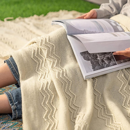 MIULEE Knitted Beige Throw Blanket Soft Sofa Knit Blanket for Couch 50 x 60 Inches, Solid Cozy Lightweight Wave Pattern Decorative Blankets with Tassels for Women, Kids and Babys