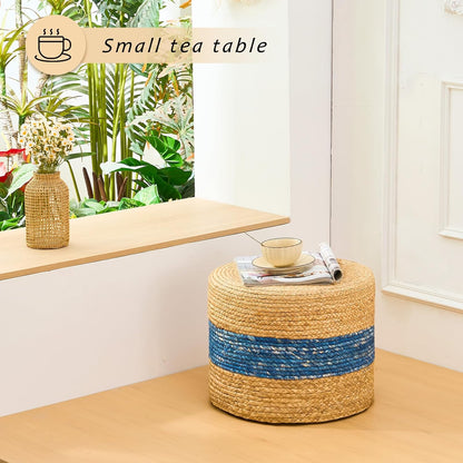 Handwoven Water Hyacinth Ottoman Pouf, Round Outdoor Footstool with Sturdy Frame, No Assembly Needed, Boho Accent Stool for Indoor & Outdoor Use – Patio, Balcony, Living Room (Blue)