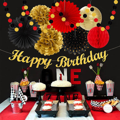 Red-Black Gold Casino-Theme Birthday Party-Decorations - 21pcs Happy Banner,Game Night Paper Lanterns,Tissue Pom Poms Flower Fan,Honeycomb Ball,Swirl Streamers Garland Supplies Women Men Decor Huglony