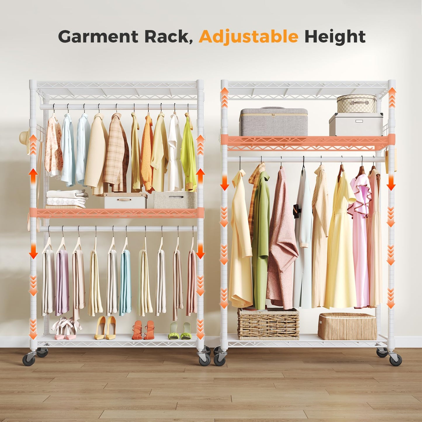 OLIXIS Clothes Rack Heavy Duty Adjustable Garment Clothing Rack with Wheels, Rolling Metal