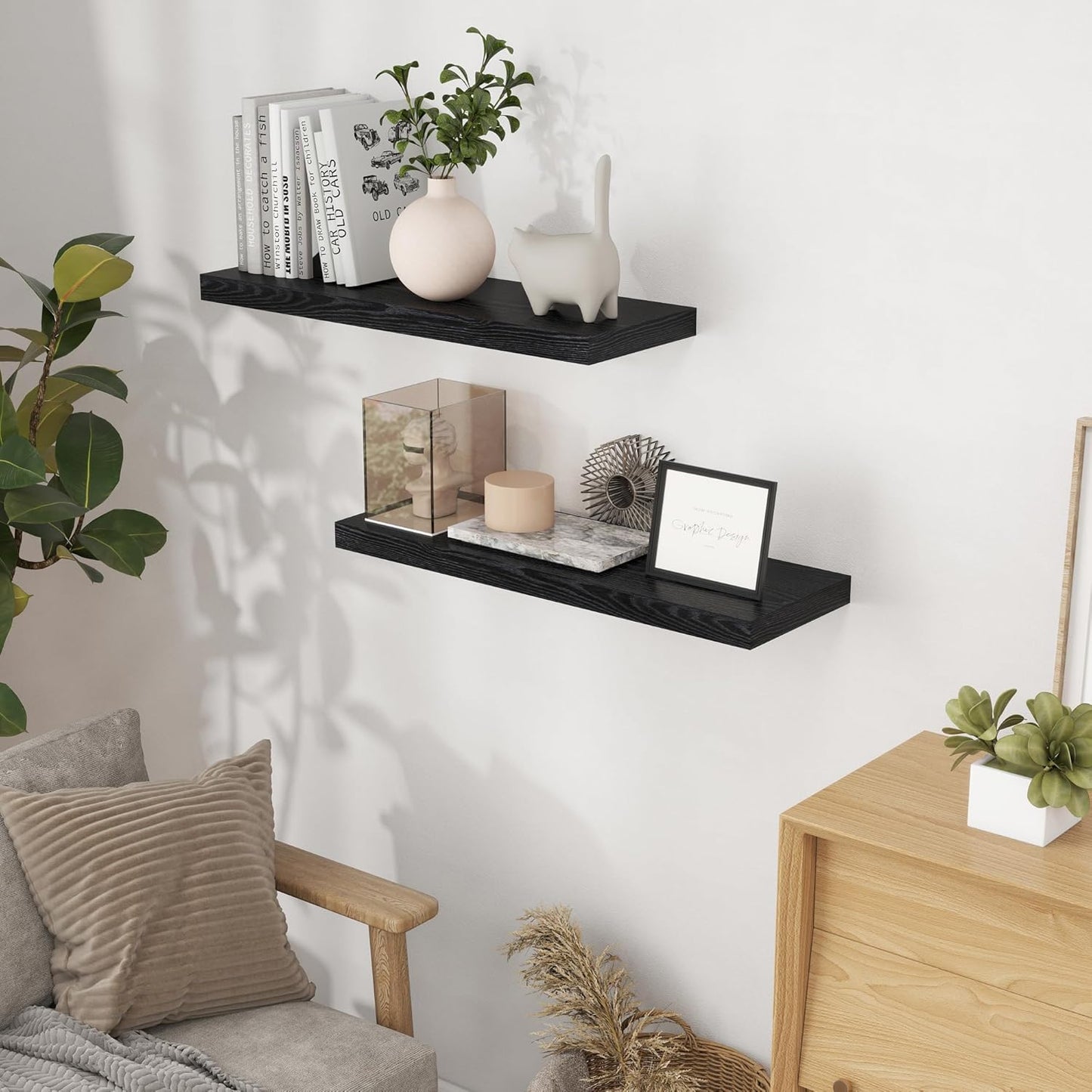 Fun Memories Black Floating Shelves 32 Inch Long, 9 Inch Deep Floating Bookshelf Wall Mounted, Farmhouse Wood Shelves White for Bathroom, Living Room, Bedroom, Home Decor Deep Shelf for Wall Set of 2