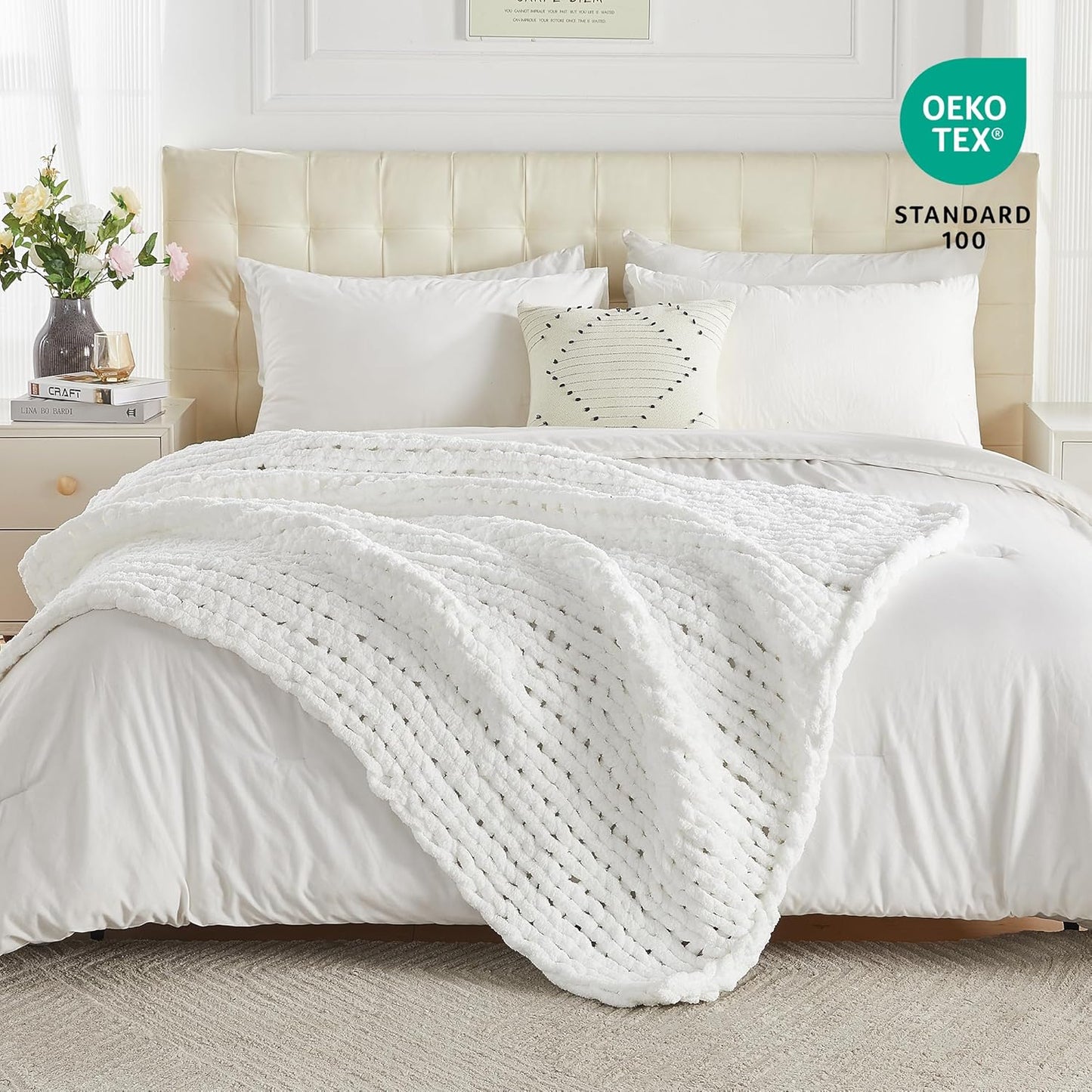 Carriediosa Chunky Knit Throw Blanket 60" X 80" Twin, 100% Hand Made Large Chenille Loop Yarn Soft Fluffy Throws for Couch Sofa Bed, Big Crochet Cozy Heavy Thick Cable Woven Blankets, Snow White