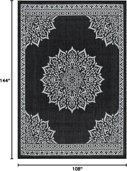 CAMILSON Outdoor Rug, 9x12 Medallion Black White Modern Area Rugs for Large Indoor and Outdoor Patios, Kitchen and Hallway Mats, Washable Porch Deck Outside Carpet (Medallion Black, 9 x 12)