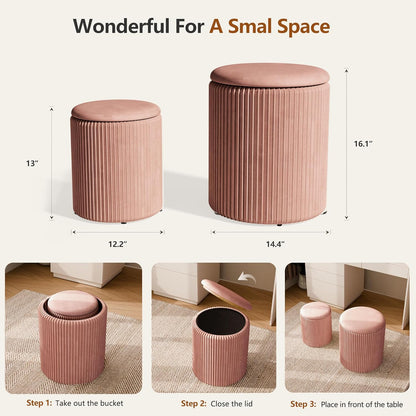 Ottoman with Storage Set of 2, Velvet Storage Ottoman, Upholstered Sponge Vanity Stool Support 300lbs, Multifunctional Coffee Table Foot Rest Ottomans for Living Room Bedroom, Pink