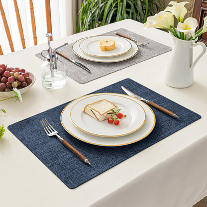 Romanstile Reversible Vinyl Placemats Set of 6, Faux Leather 100% Waterproof Oil-proof Wipeable Place Mats, Heat Resistant Dual Sided Table Mats for Kitchen/Dining/Party (Grey Nave Blue, 12 x 17 Inch)