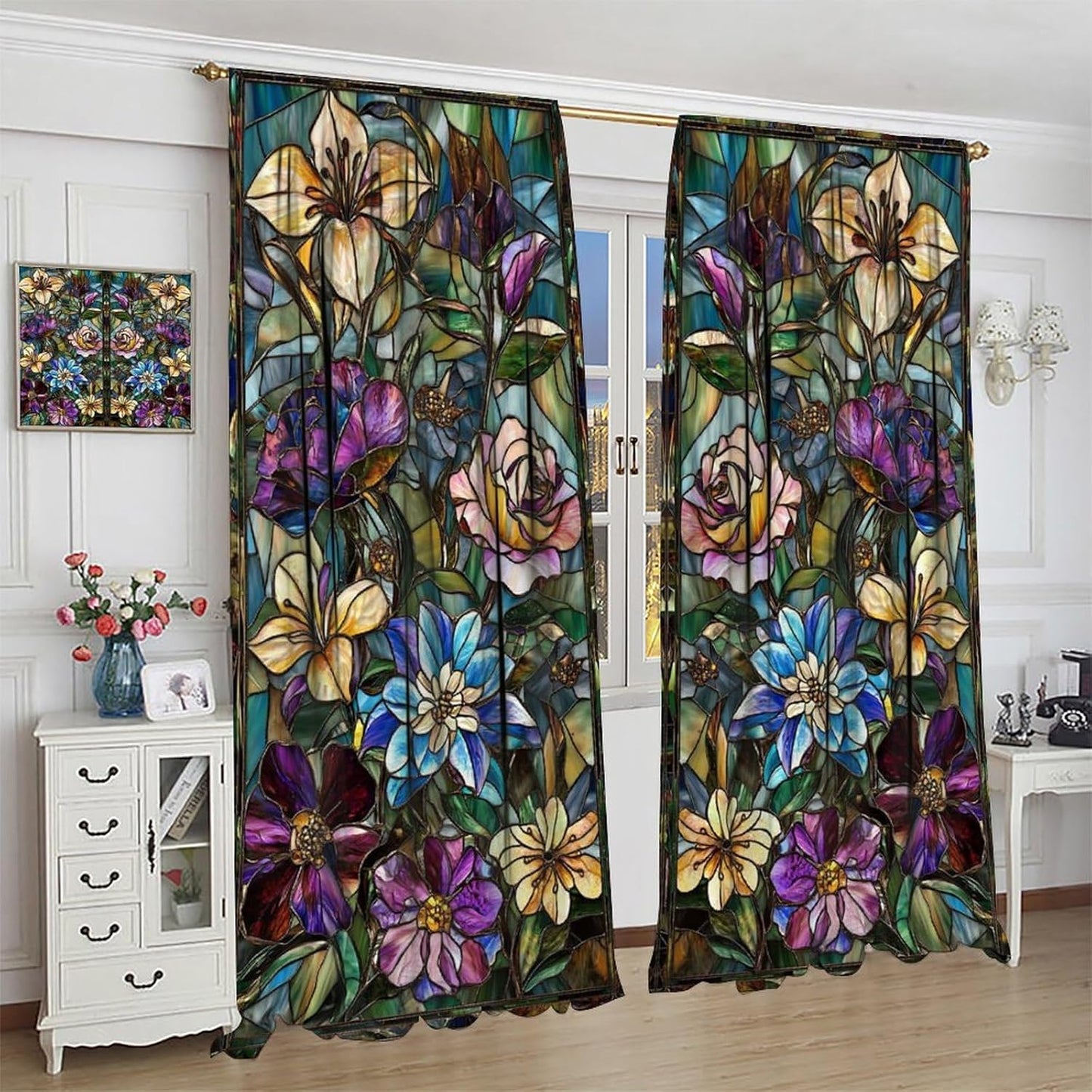 Stained Glass Curtains,Retro Colored Glass Flowers Art Home Decor Drapes for Bedroom Living Room Kitchen Window Treatment 2 Panels Set Total Size 63" W X 72" L Inch