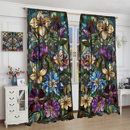 Stained Glass Curtains,Retro Colored Glass Flowers Art Home Decor Drapes for Bedroom Living Room Kitchen Window Treatment 2 Panels Set Total Size 63" W X 63" L Inch