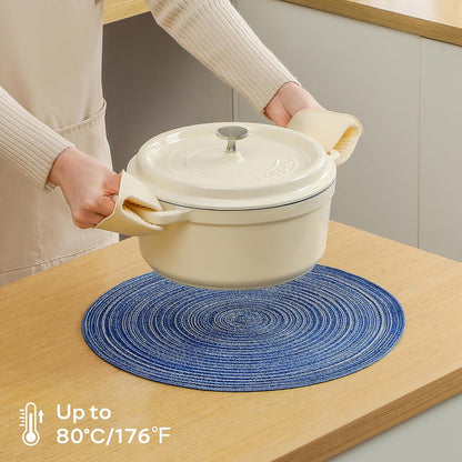 Leetaltree Round Placemats Heat and Slip Resistant Cotton Table Mats, Washable Bohemian Placemats for Dining Tables (Denim Blue, Set of 12)