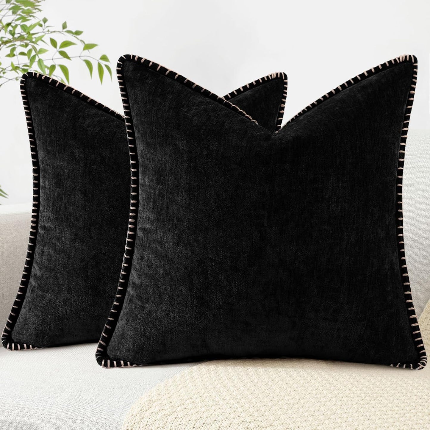 decorUhome Chenille Soft Throw Pillow Covers 16x16 Set of 2, Farmhouse Velvet Neutral Decorative Euro Pillow Covers with Stitched Edge for Couch Sofa Bed Home Decor, Black