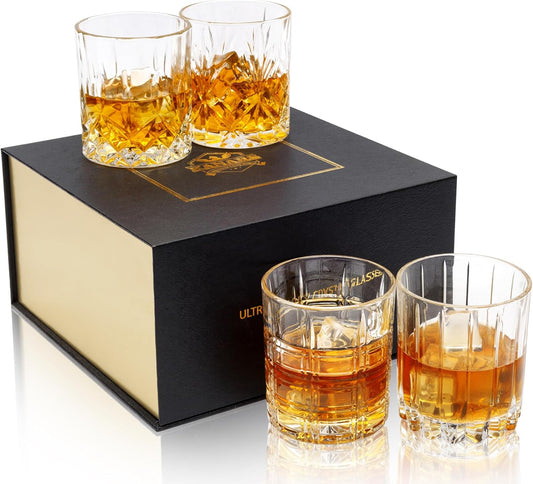 KANARS Whiskey Glasses Set of 4 - Multi Style Crystal Liquor Glasses 10 oz - Rocks Glass Barware