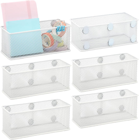 EASEPRES Magnetic Pencil Holder Set of 6 - Wire Mesh Storage Baskets Organizer with Strong Magnets - Perfect for Whiteboard, Refrigerator and Locker Accessories, White