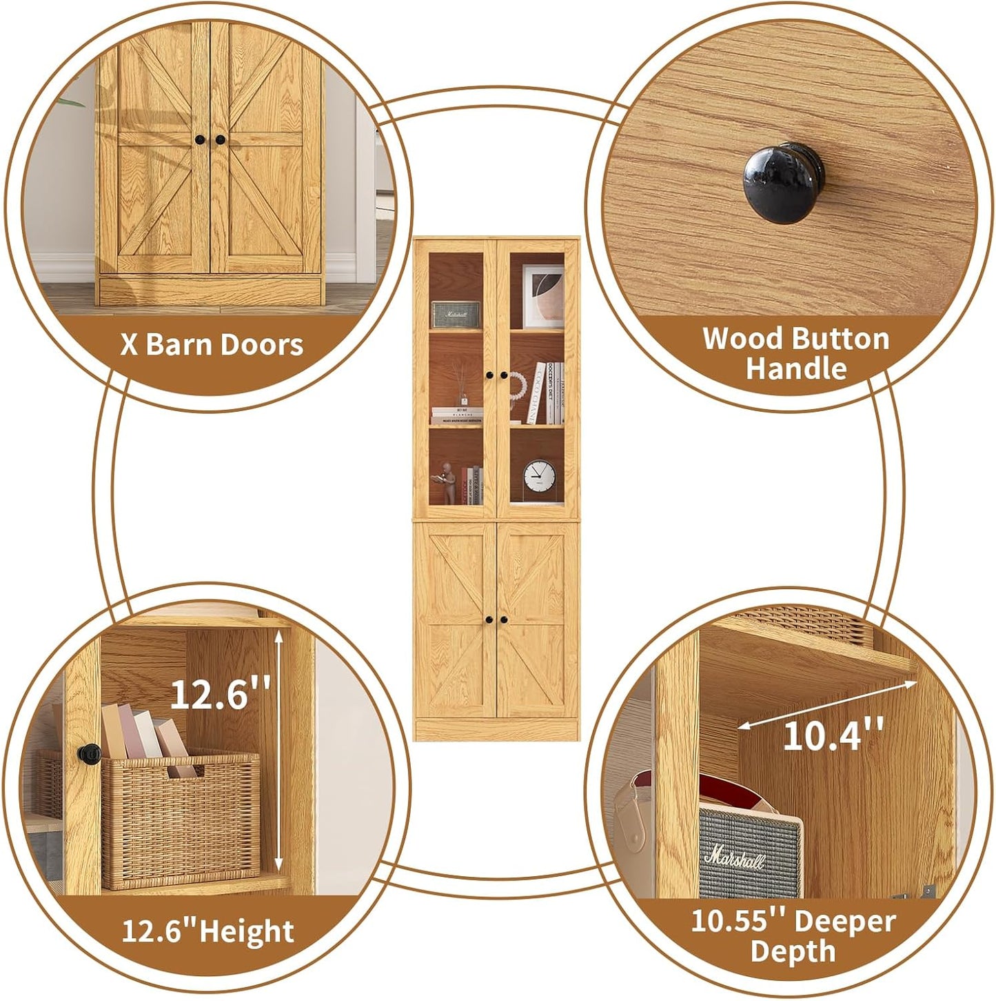 71" Tall Bookcases Set of 2, Bookshelves with Doors, 5-Shelf Bookcase with Storage, Wooden Bookshelf Floor Standing Display Storage Shelves Home Decor Furniture for Living Room,Bedroom,Natural