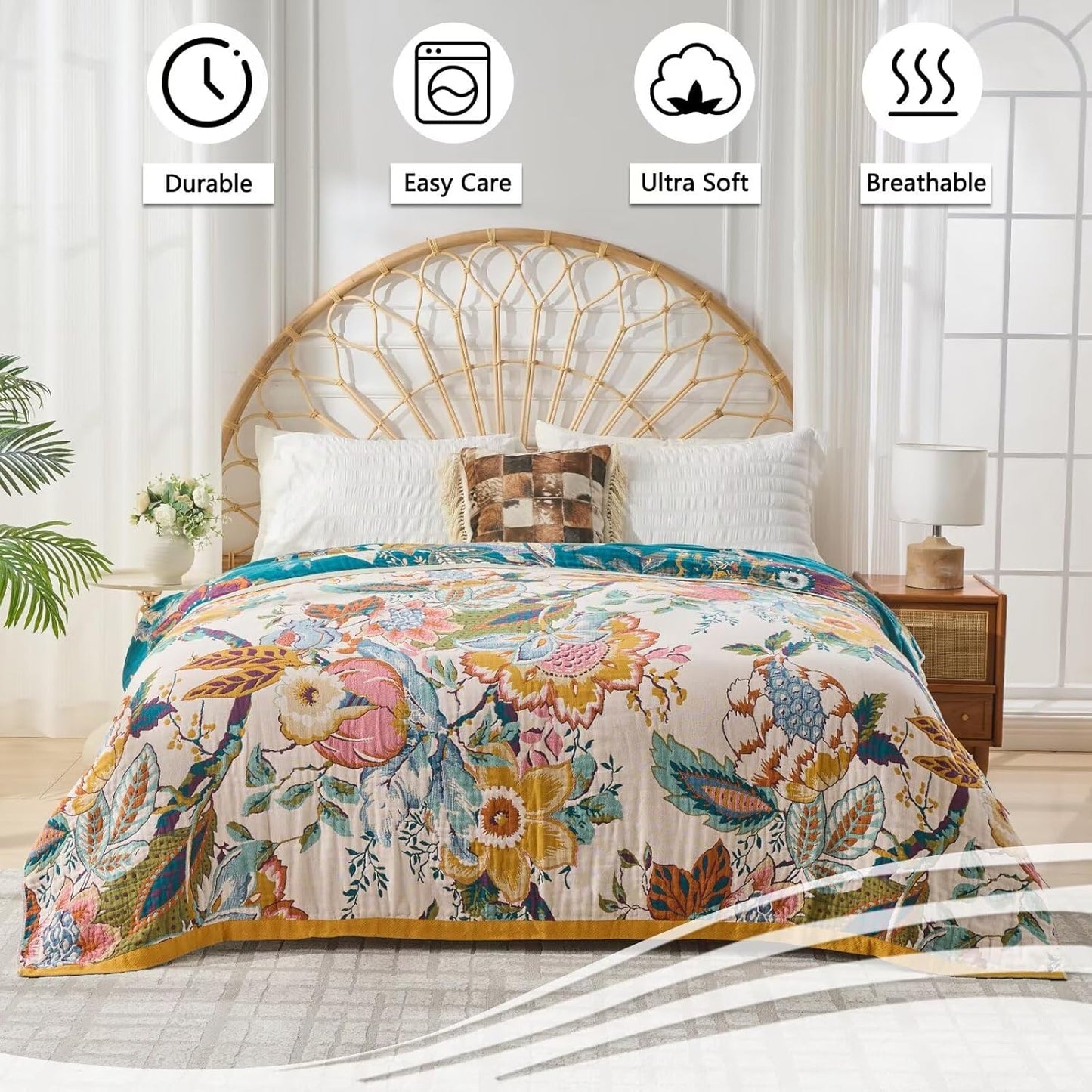 Boho Throw Blanket, Ultra Soft Rustic Quilt for Bed, Lightweight Fall Throws Blanket Muslin Blankets for Adults, Picnic, Farmhouse Decor, Cozy 100% Cotton Throw Blankets, Happiness, 60"x80"