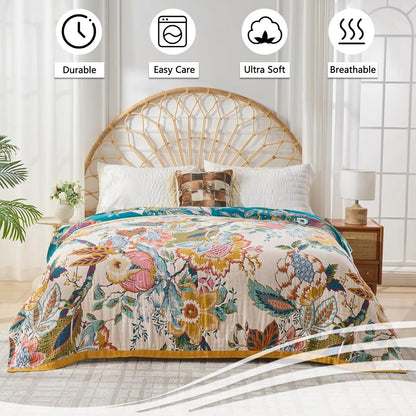 Boho Throw Blanket for Bed, Double Sided Floral Decorated Bohemian Couch Blanket, Lightweight Breathable 100% Cotton Throw Blanket,Room, Farmhouse, Bed Decor (Happiness,50"x60")