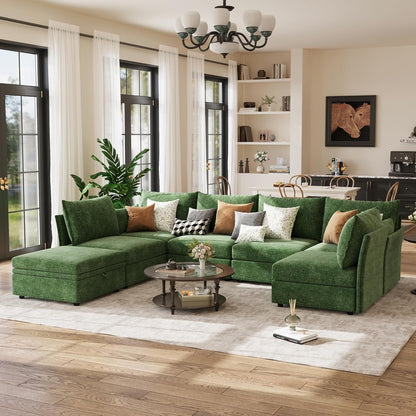 134.6" Oversized Modular Sectional Sofa, Large 7 Seater U Shaped Couch with Storage Ottoman with Reversible Chaise Deep Seat for Living Room, Apartment - Chenille Green