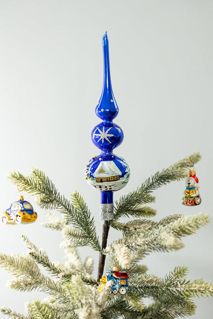 Christmas Tree Topper Spitz Glass Mouth Blown Hand-Decorated Embellishments (Midnight Blue, 12 inch)