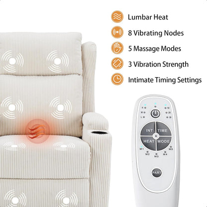 Lift Recliner Chair for Adults with Massage and Heating, Power Lift Recliner Chairs for Elderly, Corduroy Fabric Reclining Chair with USB &Type-C Port, Cup Holders, L6111 (Beige)