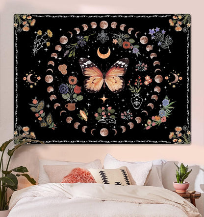 Fowocu Orange Butterfly Moon Flower Tapestry Boho Floral Plant Tapestries for Bedroom Aesthetic Tapastry's Wall Hanging Mandala Botanical Wall Tapestry for Living Room Dorm (Yellow, 60'' × 44'')