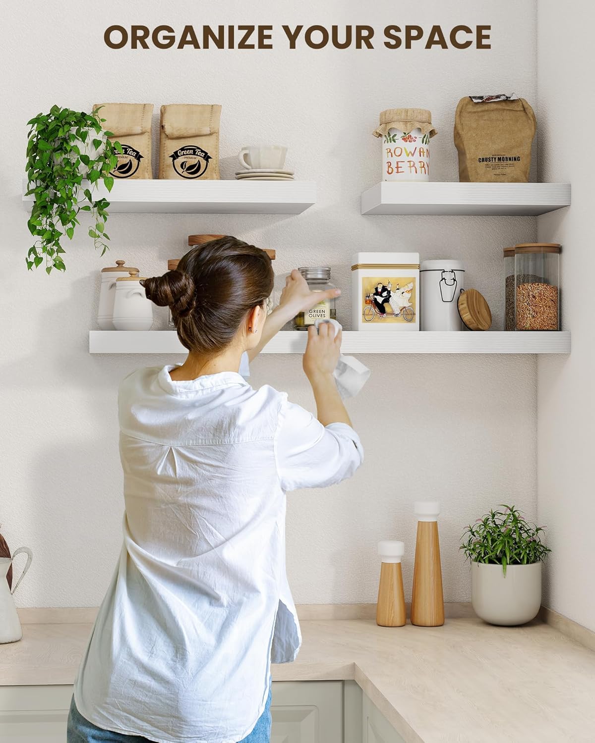 Marsmiles 39" Floating Shelves for Wall, Wooden Shelves with Invisible Brackets Set of 2, Rustic Farmhouse Wall Mounted Shelf for Kitchen Bathroom Living Room Study, White