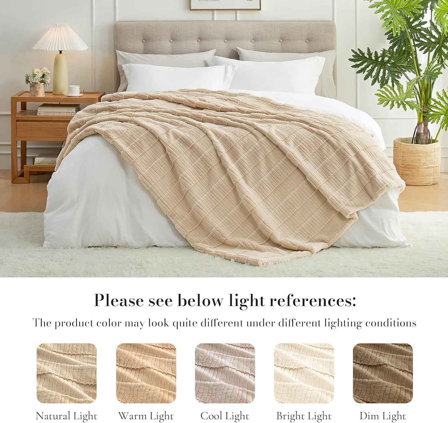 Amélie Home Luxury Striped Faux Fur Throw Blanket for Couch, Embossed Split Fur Cozy Fuzzy Fluffy Luxurious Soft Plush Sofa Chair Bed Gift Blankets for Women Men Wife Friend, 88"x90", Beige