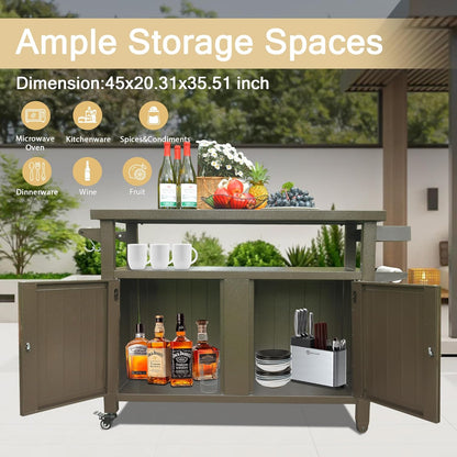 Domi Grill Carts Outdoor Storage Cabinet with Wheels, Metal Outdoor Grill Kitchen Table Dining Cooking Prep BBQ Table for Patio, Kitchen Island, Home Party, Bar (Brown)