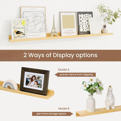 Picture Ledge Shelf, Solid Pine Wood Floating Shelves Set of 2, 40 Inches Nursery Book Shelves for Toys Storage, Kids Bookshelf Wall Mounted for Living Room Bedroom Decor Books Photo Frames, Natural